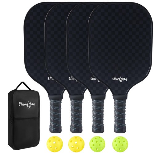 Eliwdshen Pickleball Paddles Set of 4, Fibreglass Pickle-Ball Equipment with 4 Pickleballs, 4 Rackets and Bag, Meets USAPA Standards, 13MM Polypropylene Honeycomb Core Rackets for Men, Women, Kids