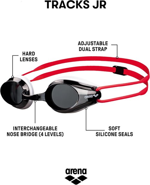 ARENA Junior Racing Swim Goggles - Anti-Fog Coated Lens | Smoke/White/Red Color