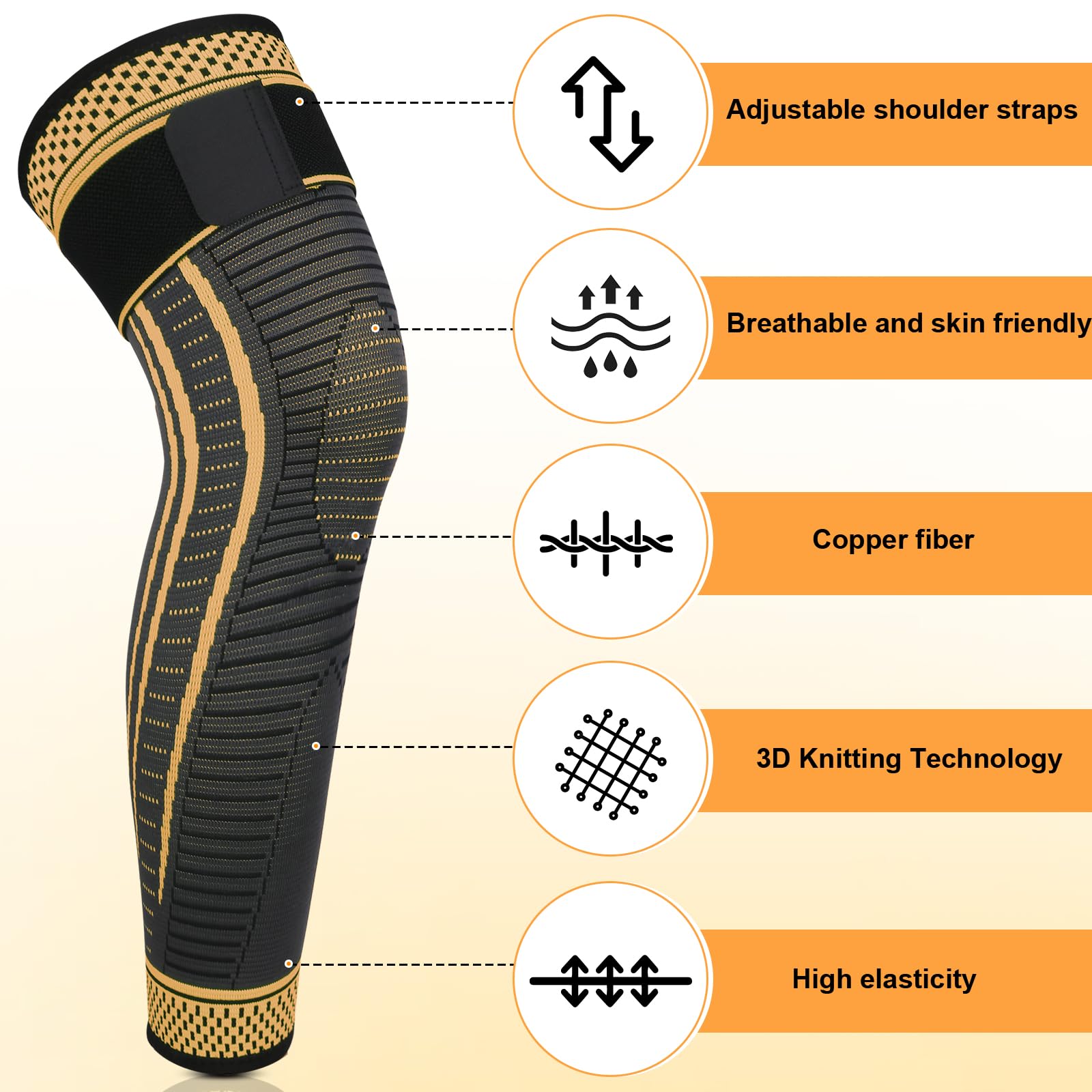 Ruilaibao Long Copper Knee Braces for Women and Men Full Leg Compression Sleeves Anti Sliping Ventilation Long Knee Support with Wraps for ACJ, PCL, Meniscus Tear, Arthritis (Copper, Medium)