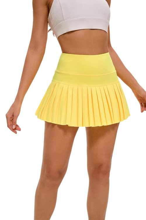 Yknktstc Women Pleated Tennis Skirt with Shorts High Waist Golf Skort Athletic Mini Skirt with Pockets Small Bright Yellow