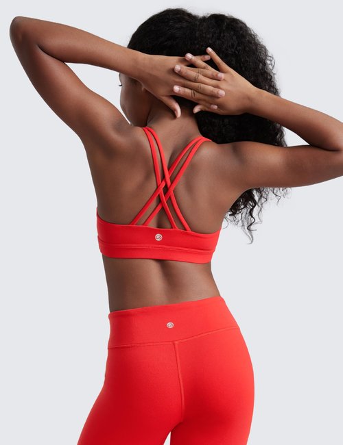 CRZ YOGA Girls Butterluxe Cross Back Sports Bra - Yoga Athletic Casual Tops Scoop Neck Padded Crop Kids Teen Deep Red Large
