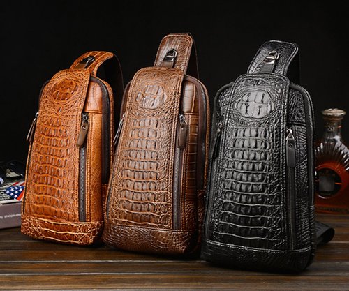 FiveloveTwo Mens Sling Bags Crocodile PU Shoulder Crossbody Chest Bag Satchels Hiking Daypack Dark Brown
