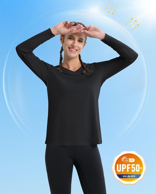 MAGCOMSEN SPF Long Sleeve Workout Shirts for Women - V-Neck UPF 50+ Quick Dry Performance Tees