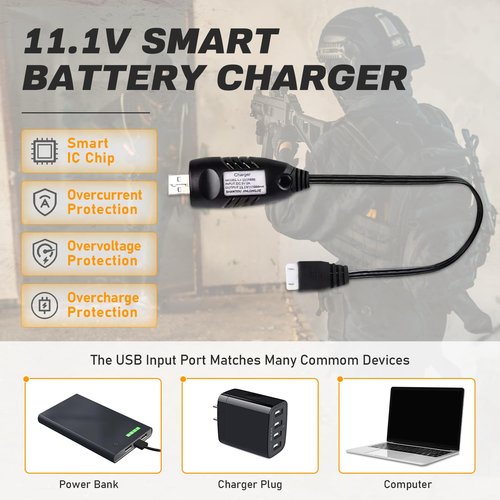 VICMILE 3S Airsoft Battery 30C 11.1V 1400mAh Dean-Style T Plug with 11.1V USB Charger Fit for Most Airsoft Model Guns Gel Water Bead Blaster