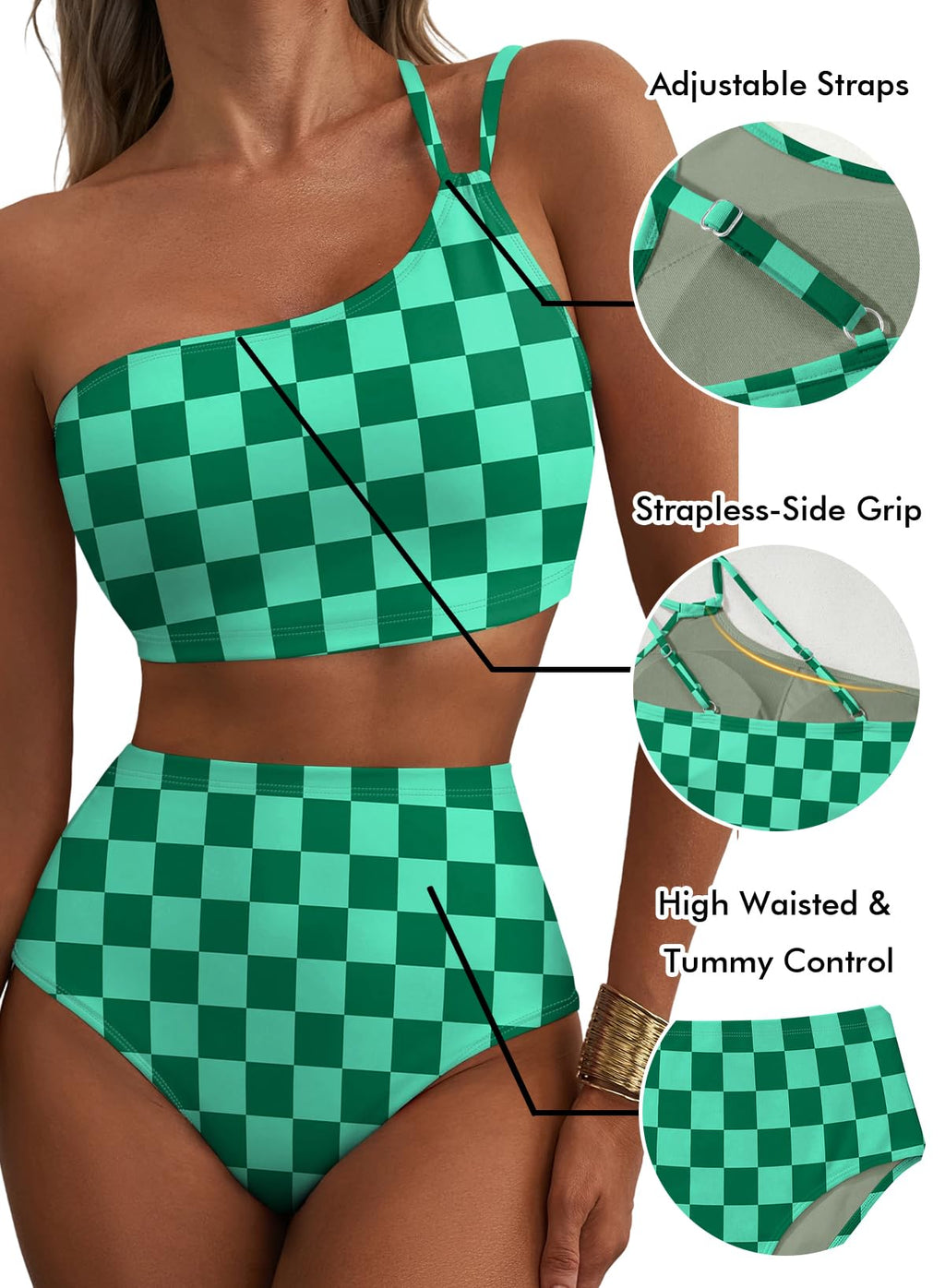 Herseas Women Bikini Sets One Shoulder 2 Piece Swim Suits High Waisted Tummy Control Push Up Adjustable Straps Bathing Suit Sexy Charming Beach Outfits Summer Green Checkered Medium