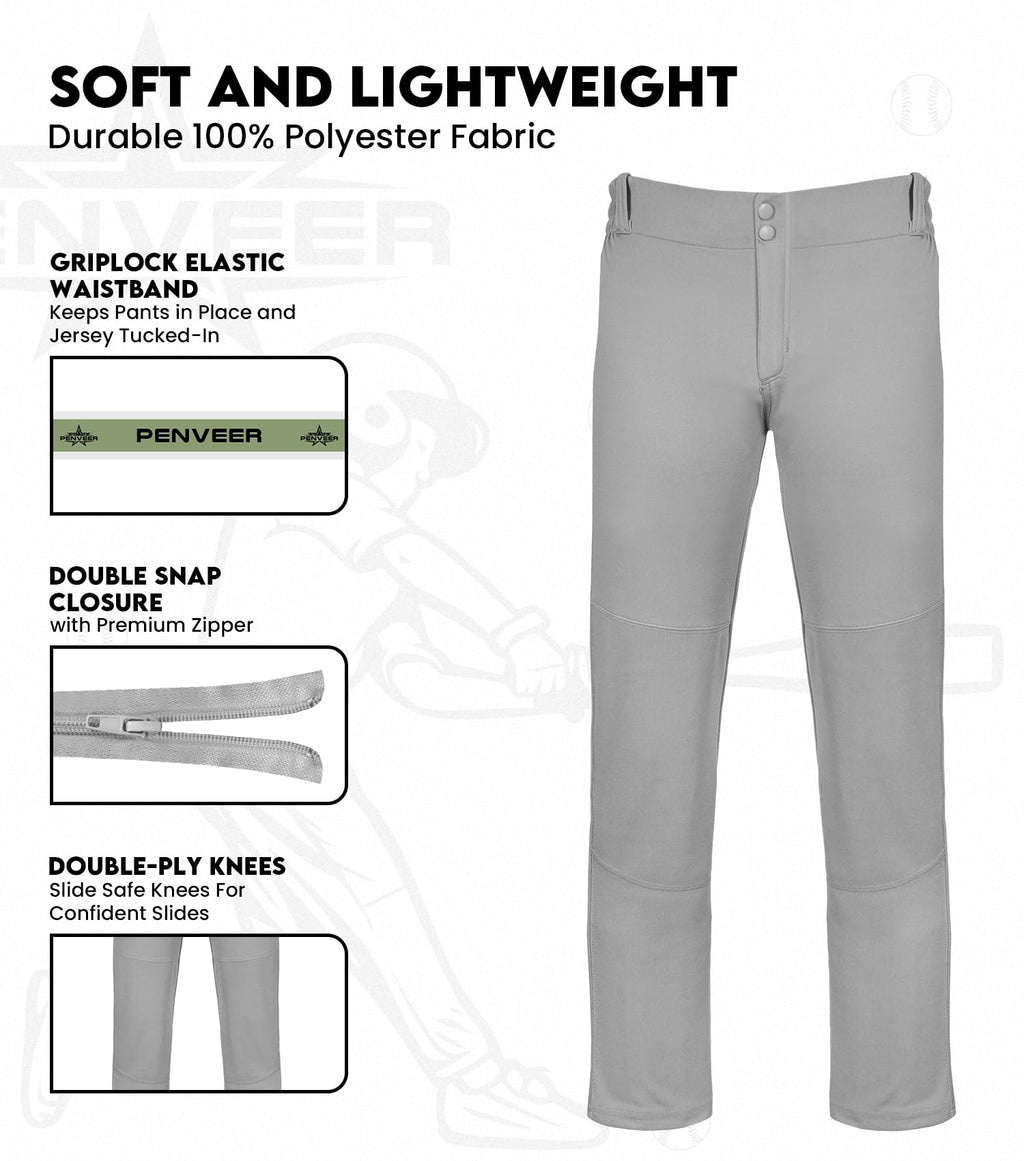 Penveer Youth Baseball Pants, Full Length Open Bottom Boys Baseball Pants with Durable Snap, Softball Pants, T Ball Pants