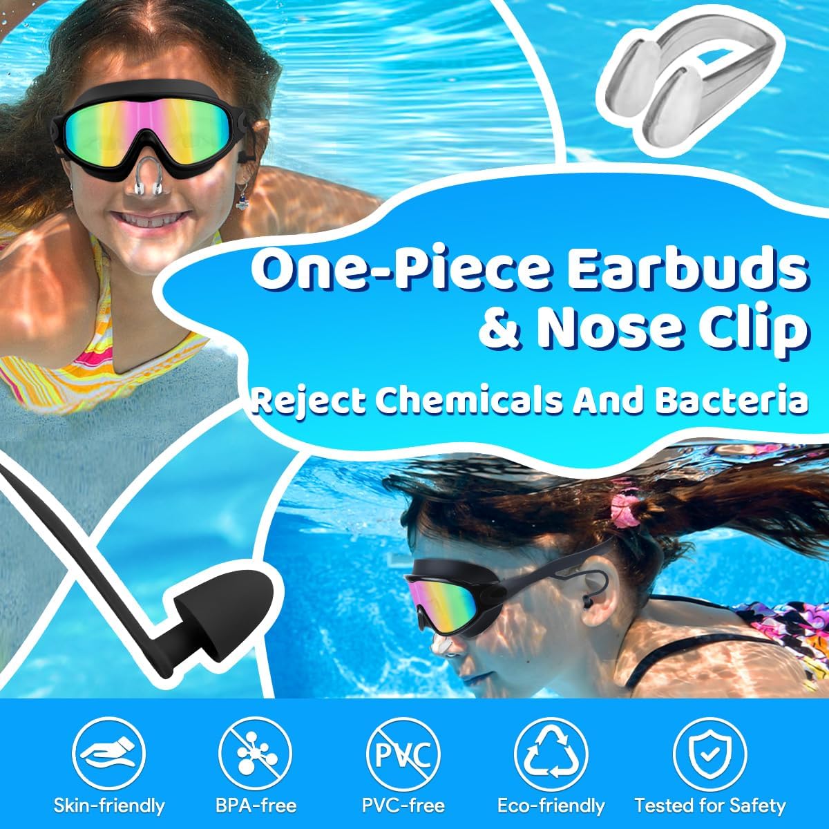 Vvinca Swim Goggles - Kids' Anti-Fog & UV Protection Goggles with Earplugs & Nose Clip | Ages 3-15