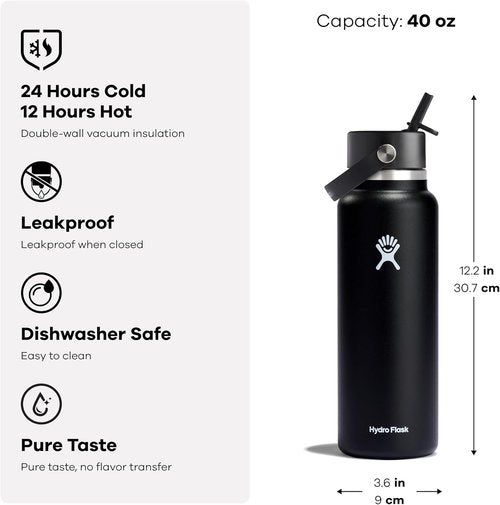 Hydro Flask Water Bottle - Insulated Stainless Steel with Wide Mouth Flex Straw Lid | 40 Oz Nectar Orange