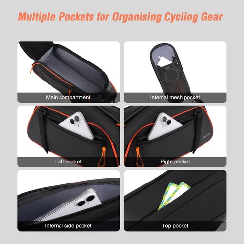 MOSISO Bike Rack Bag, 8L Waterproof Bicycle Rear Rack Trunk Bags with Orange Pull Tabs, Bike Rear Seat Bag Bicycle Storage Saddle Luggage Bags with Shoulder Strap for Road Mountain Cycling, Black