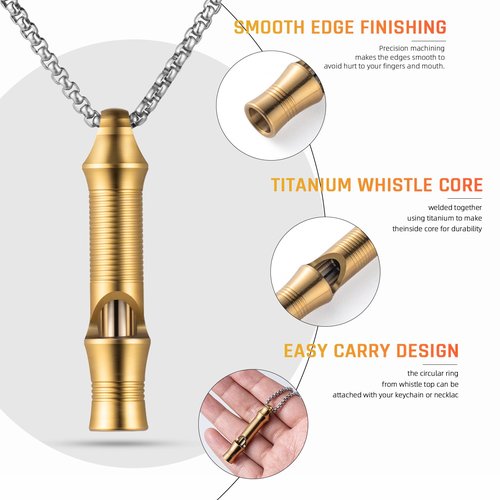TISUR Titanium Emergency Whistle,EDC Safety Whistles Necklace Loud up to 120db,Survival Whistles for Survival,Hiking,Camping,Pets Training (Gold(1-Pack))