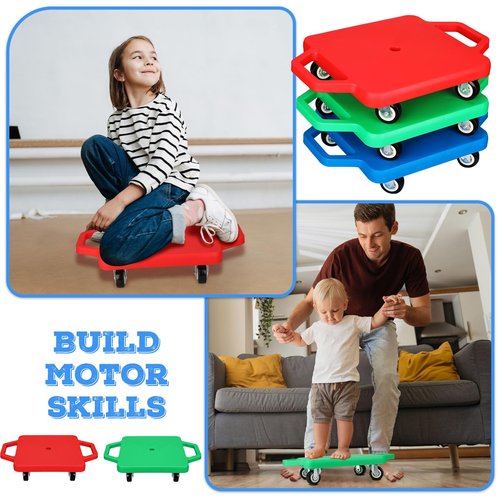 Jerify 3 Pieces Sports Scooter Board Bulk with Handles Gym Floor Scooter for Kids Children Plastic Roller Floor Sitting Board Indoor Outdoor Activities Play Equipment, 11 x 11 inch