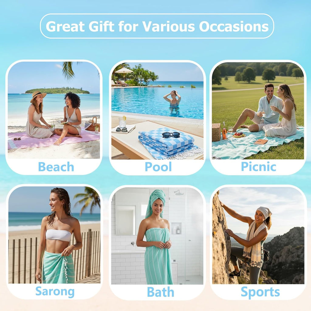 Skiennix 4 Pack Cotton Turkish Beach Towels - Lightweight, Quick-Dry, Oversized XL for Travel & Pool
