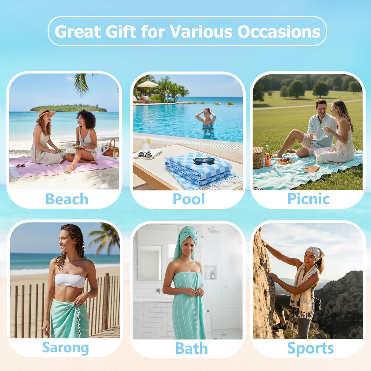 Skiennix 4 Pack Cotton Turkish Beach Towels - Lightweight, Quick-Dry, Oversized XL for Travel & Pool