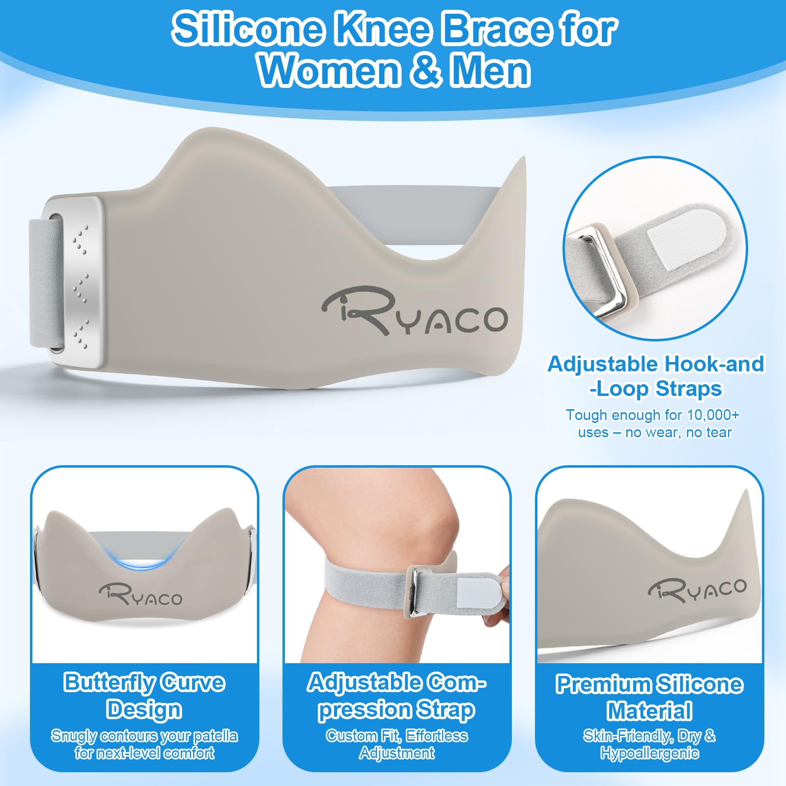 RYACO Patellar Tendon Support Strap 2 Pack, Silicone Patella Band for Knee Pain Relief, Adjustable Knee Brace for Women Men, Non-Slip Knee Support Knee Bands for Basketball Tendonitis Running Soccer Gym