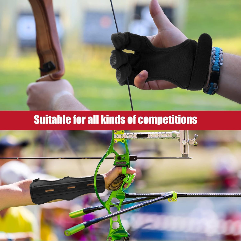 Sratte Archery Glove & Arm Guard Set - Adjustable 3-Strap Leather Bracer for Youth & Adults