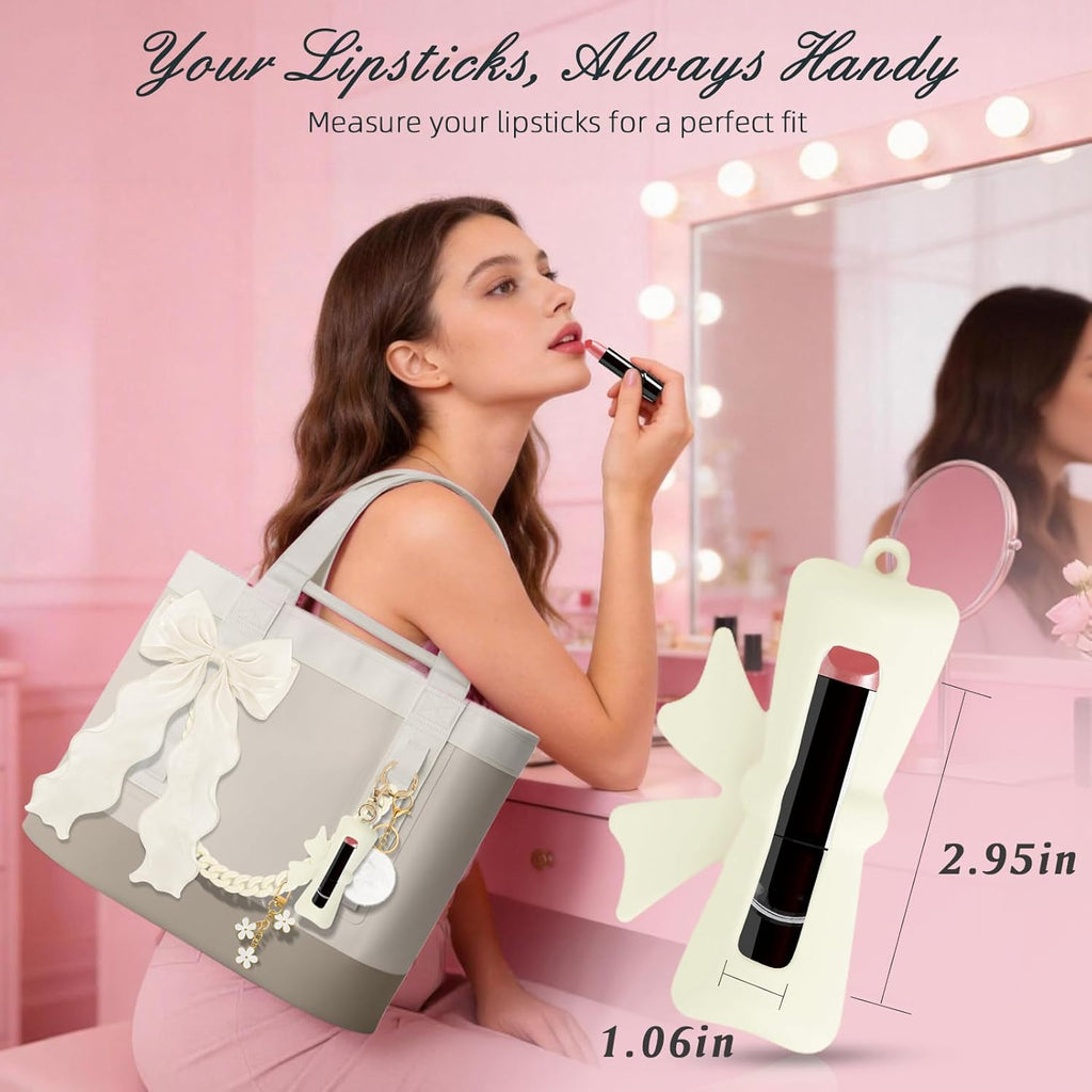 Skiennix Tote Bag Decor Kit - 5PCS Decorative Charms with Bow, Lipstick Holder & Pom Pom | Compatible with YETI Camino 20/35/50 & Bogg Bag Accessories for Women