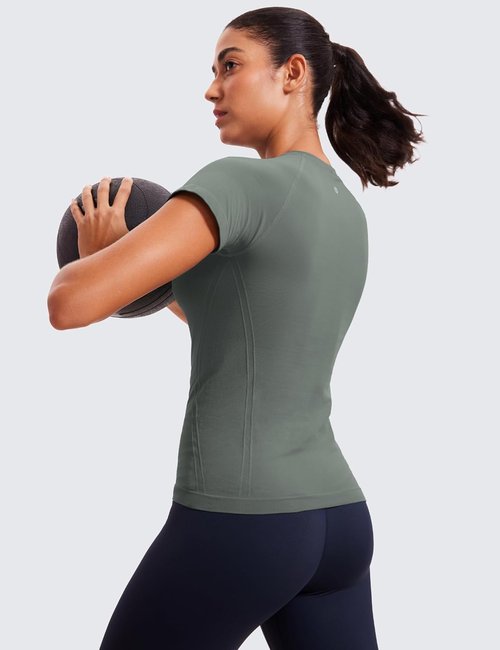 CRZ YOGA Seamless Workout Tops for Women - Breathable Short Sleeve Athletic Tees in Hip Length
