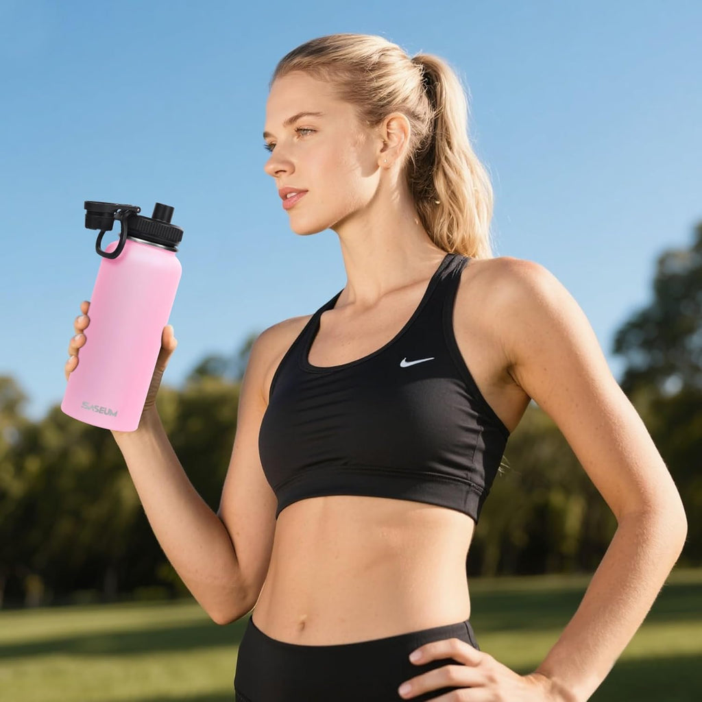SASEUM 32oz Stainless Steel Sport Water Bottle - Double Wall Insulated Mug with Leak-Proof Spout | Pink