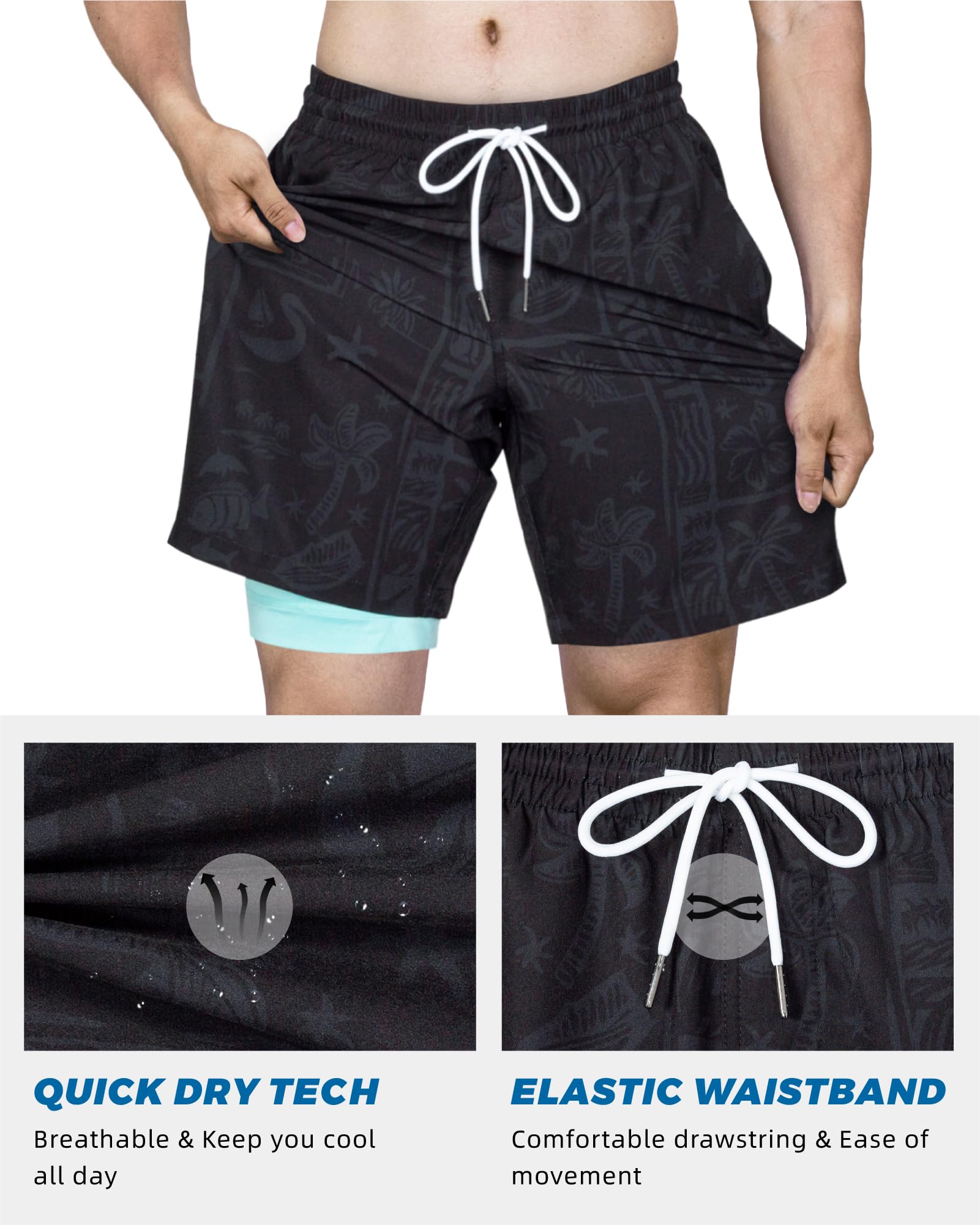 SURF CUZ Mens Swim Trunks with Compression Liner Quick Dry Swim Shorts 7" Swimming Trunks Stretch Zipper Pockets,Cool Coast,L