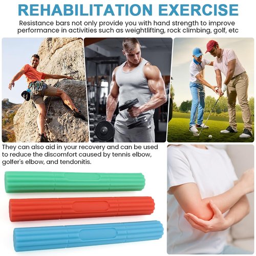 3 Pcs Flex Resistance Bars,Twist Obstruction Hand Grip Strength Trainer Resistance Bars for Golfers Elbow Tendonitis Wrist and Forearms Pain Relief(Light Green Blue Orange)