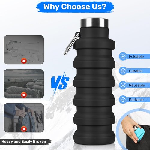 Collapsible Water Bottle, 16oz Portable Reusable Silicone Water Bottle, BPA-Free Leak-Proof Foldable Design with Carabiner, Lightweight Durable for Gym, Travel, Camping, Hiking, Sports(Black+ Purple)