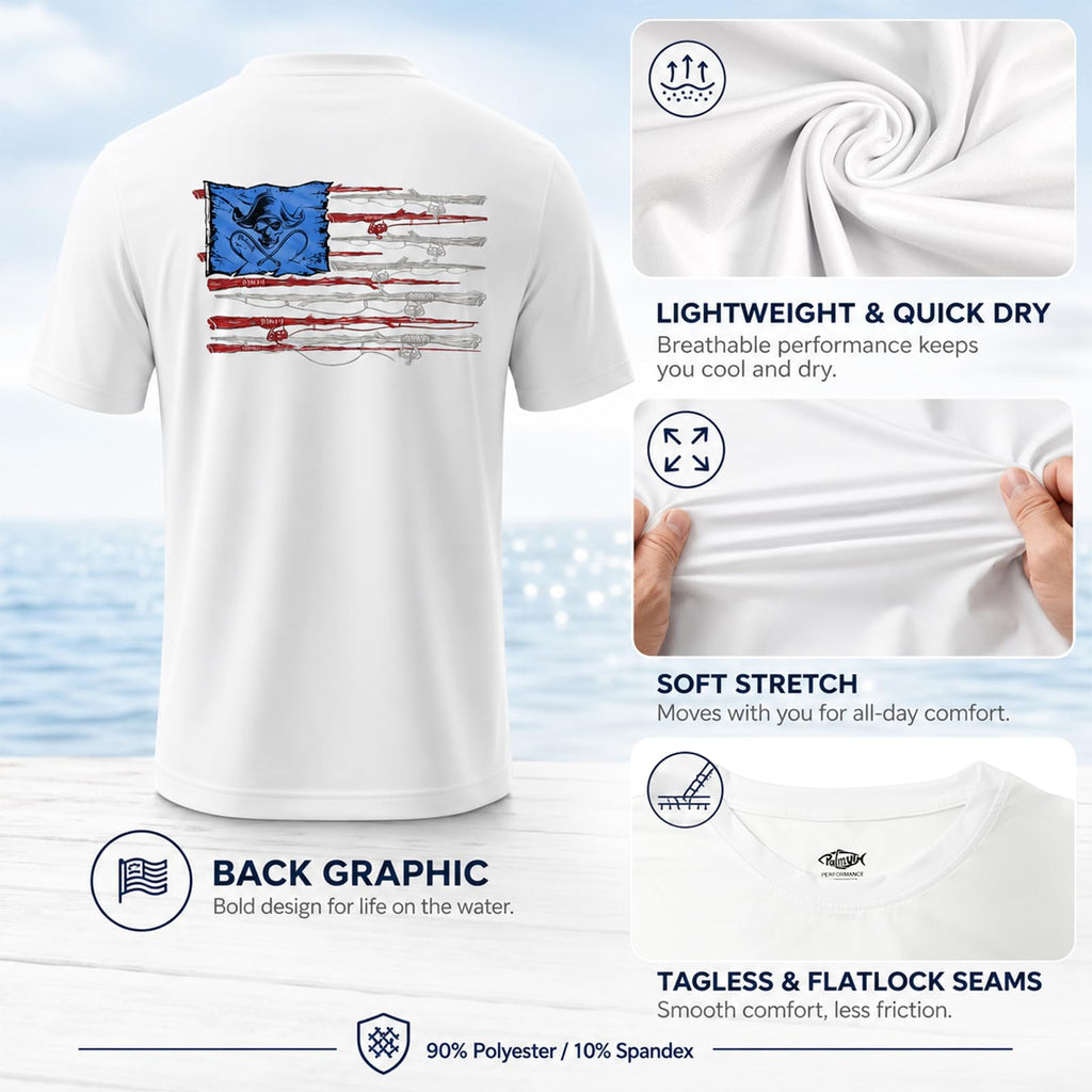 Palmyth Fishing Shirts for Men Sun Protection Shirts Short Sleeve UPF 50+ T-Shirt Tee Quick Dry White Bone Flag X-Large
