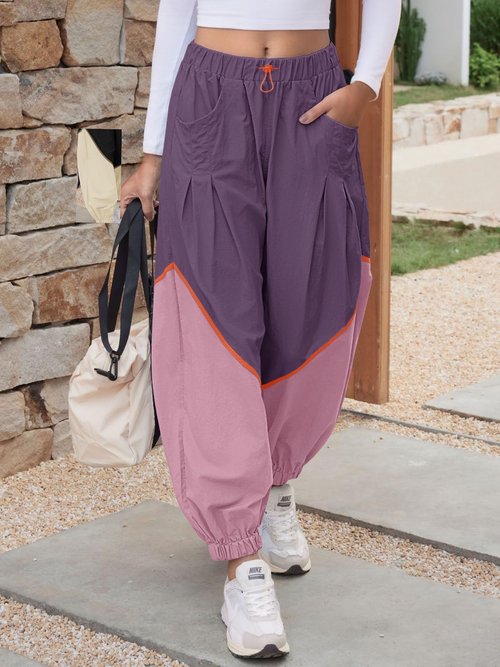 Fisoew Womens Baggy Wide Leg Pants Casual Elastic Waist Color Block Loose Workout Track Pants with Pockets Violet