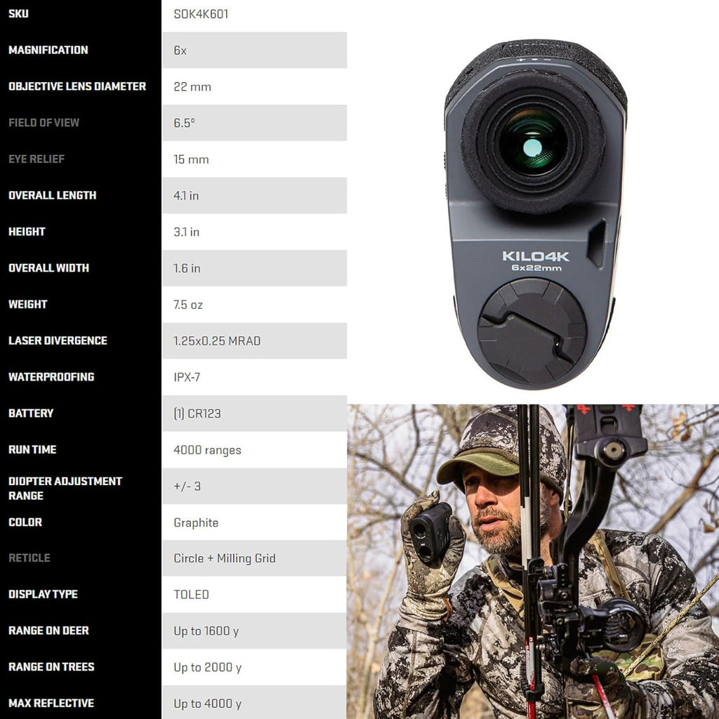 Sig Sauer KILO4K Tactical Rangefinder - 4000 Yards High Accuracy Digital Bluetooth Monocular | 6x22 mm with Circle & Milling Grid Reticle