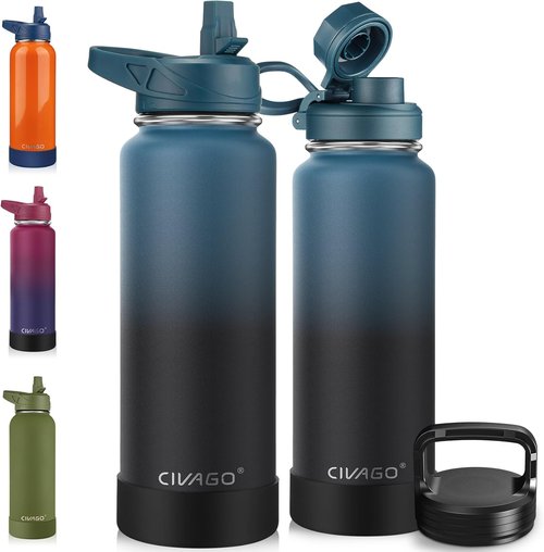CIVAGO 40 Oz Insulated Water Bottle - Stainless Steel Sports Flask with 3 Lids | Indigo Black