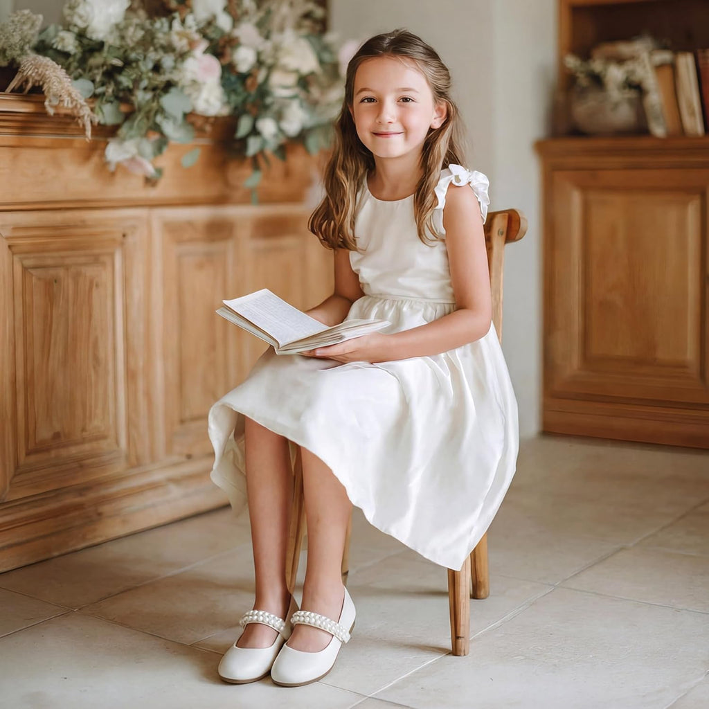 PANDANINJIA Ballet Flats for Girls - Elegant Pearl-Embellished Wedding Party Shoes | Toddler & Little Kid Sizes