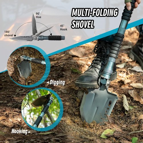 ZENHOSIT Survival Shovel with Axe, Camping Gear Folding Shovel Tactical Hatchet with 19.7-39.3inch Lengthened Handle - 24 in 1 Survival Tool Kit for Outdoor Camping Fishing Hiking