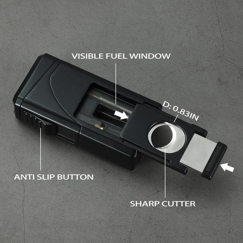 All in One Triple Jet Flame Butane Torch Lighter Built-in Cutter, Cutter V Cut, Punch, Holder Function, Draw Enhancer Tool, Refillable and Adjustable Windproof Lighter. Black(Sold Without Gas)