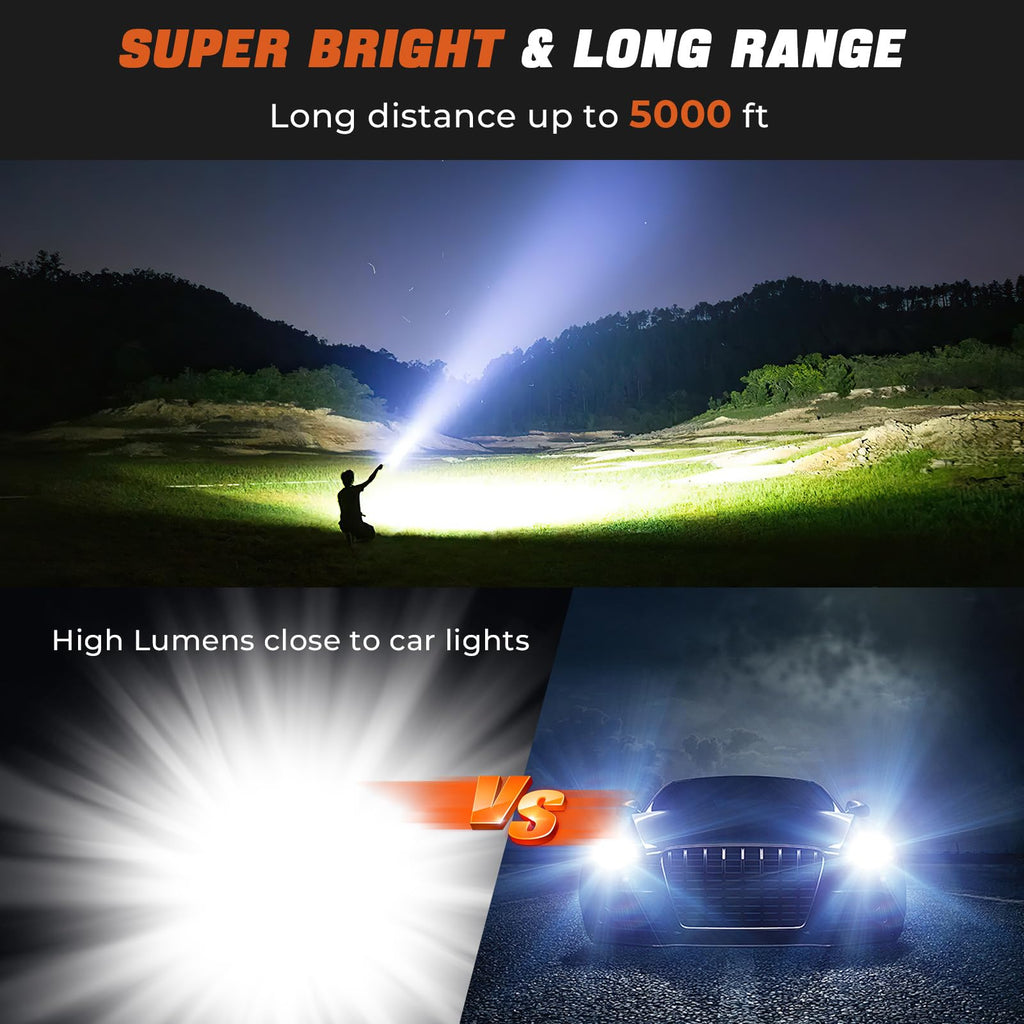 Super Bright Flashlight High Lumens 100000 Rechargeable, Powerful Strong 50W LED, Long Lasting 15 Hours, Quick USB C Charge, Improved Single Click Design 3-Mode, LCD Display & Output, for Hiking Home