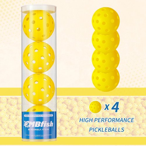 MBFISH Pickleball Pickle Ball 4 Pack Balls 40 Holes for Outdoor Meet Specifications High Bounce Yellow