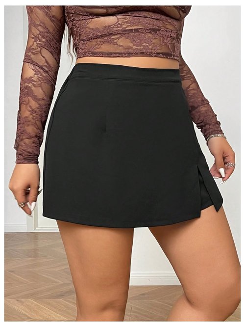 MakeMeChic Women's Plus Size High Waisted Skirt Split Hem Skorts Shorts Black X-Large Plus