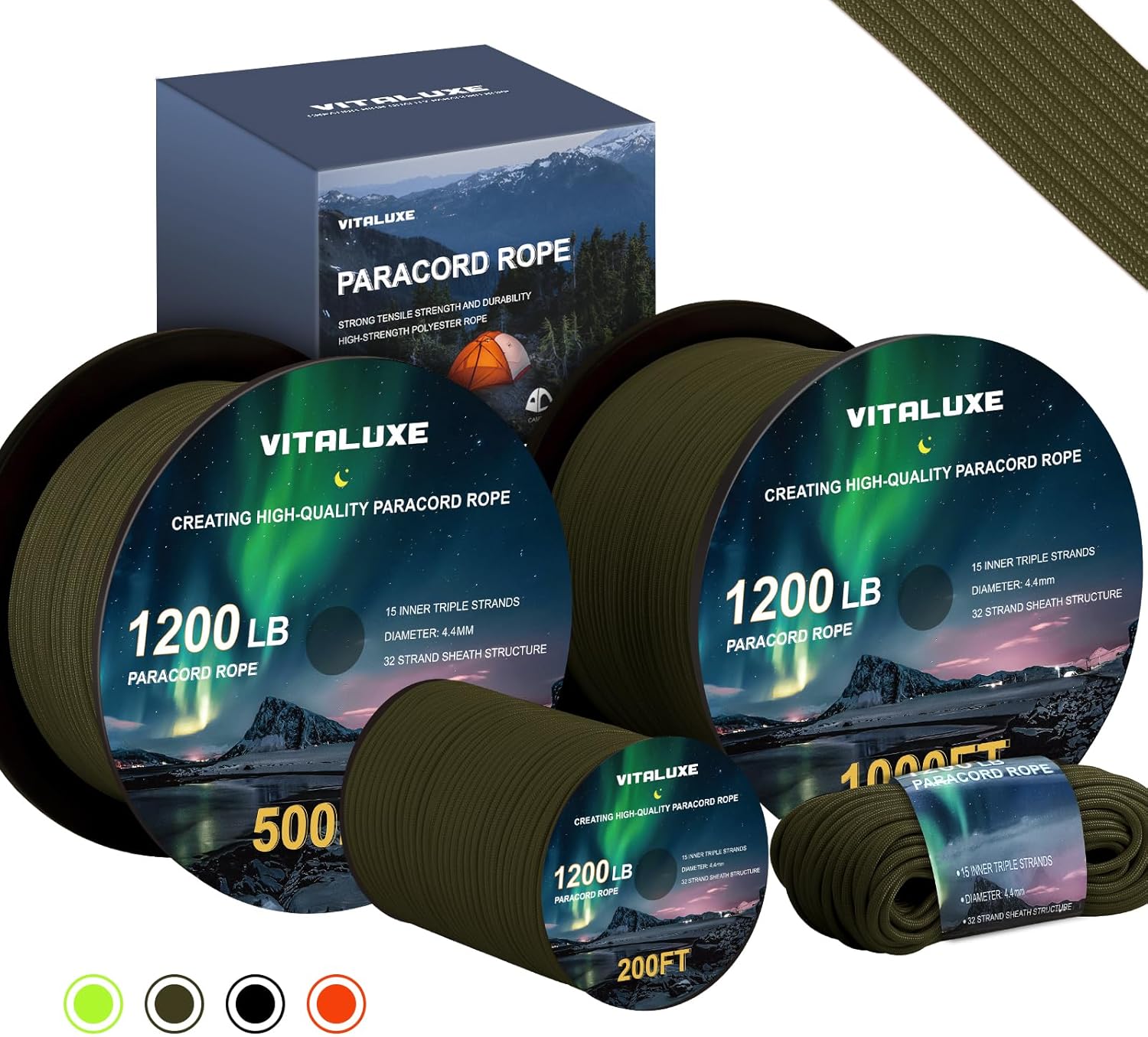 Paracord | 1200lb Heavy Duty Tactical Rope - 4.4mm 15 Triple Strands for Survival Gear & Camping