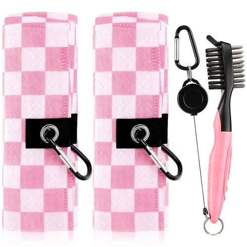 Hillsuren 3 Pcs Pink Golf Towel and Brush Set 2 Pcs Pink and White Checkered Towels with Clip 1 PC Club Brush Microfiber Towels for Golf Bags Accessories Kit