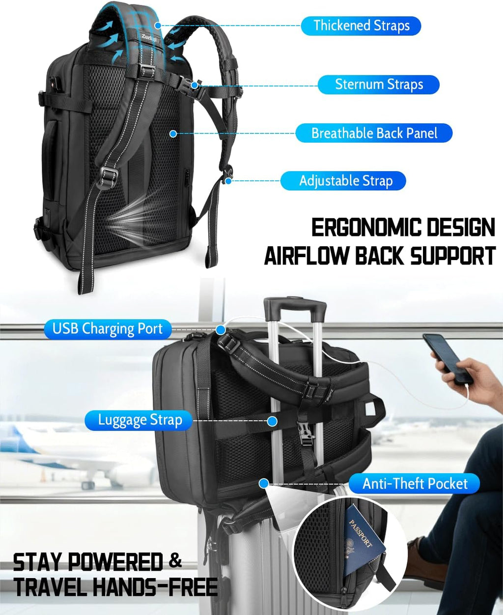 Zurligi Vacuum Backpack - Expandable 30-70L Compression Travel Bag with Pump & USB Charge Port | Black