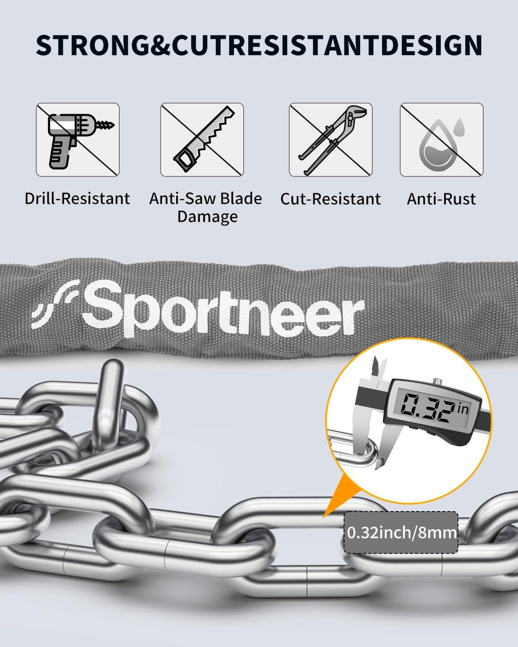 Sportneer Bike Lock - Heavy Duty 3.2ft Anti-Theft Chain Lock with 2 Keys | 8mm Thick Grey Design