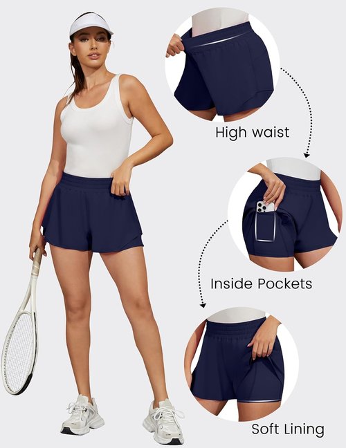 FireSwan Women's 2-in-1 Running Shorts - High Waisted, Quick Dry, Flowy Athletic Gym Shorts with Pockets