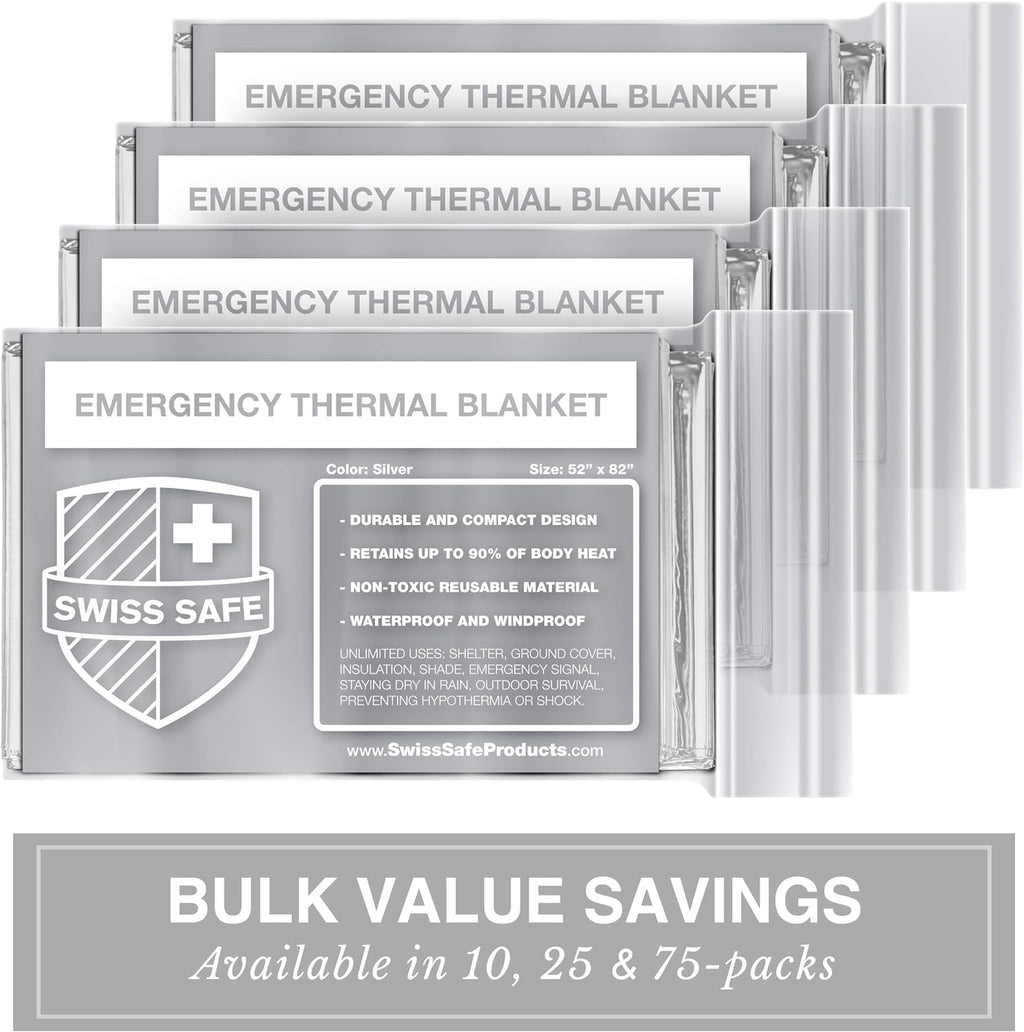 Swiss Safe XL Emergency Mylar Thermal Blankets - Compact Insulation for Cold Weather | 4 Pack, Silver