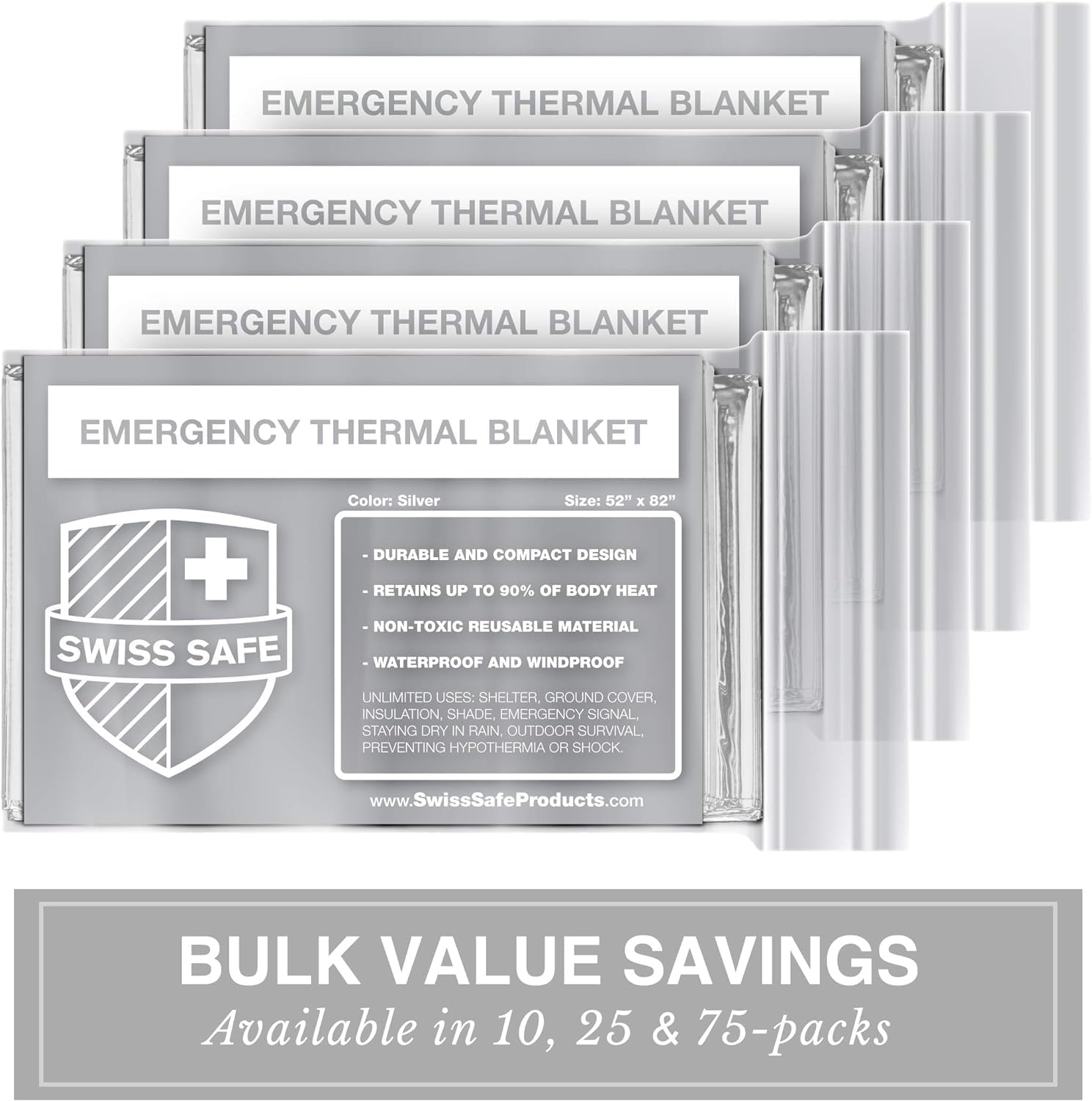 Swiss Safe XL Emergency Mylar Thermal Blankets - Compact Insulation for Cold Weather | 4 Pack, Silver