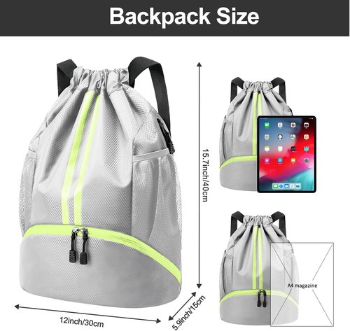 Hoedia Sports Drawstring Backpack - Versatile Swim & Gym Bag with Shoe Compartment & Waterproof Pocket