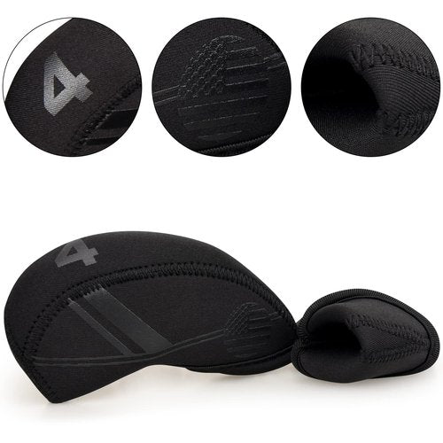BIG TEETH Golf Iron Head Covers 10Pcs Neoprene USA Flag Golf Club Protector Multi Color Golf Club Protector (Black)