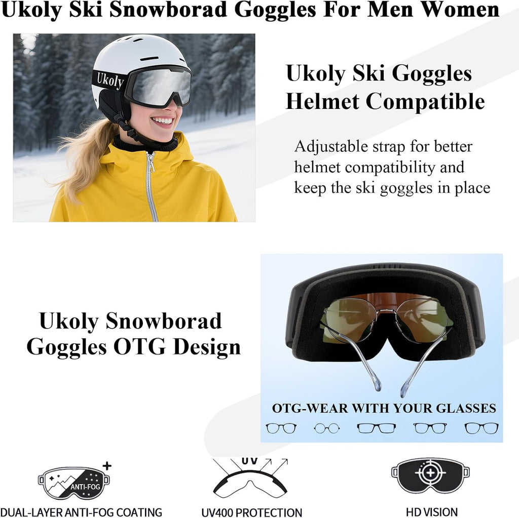 Ukoly Ski & Snowboard Goggles - HD Anti-Fog Lens, OTG Design, UV400 Protection | Windproof for Men & Women
