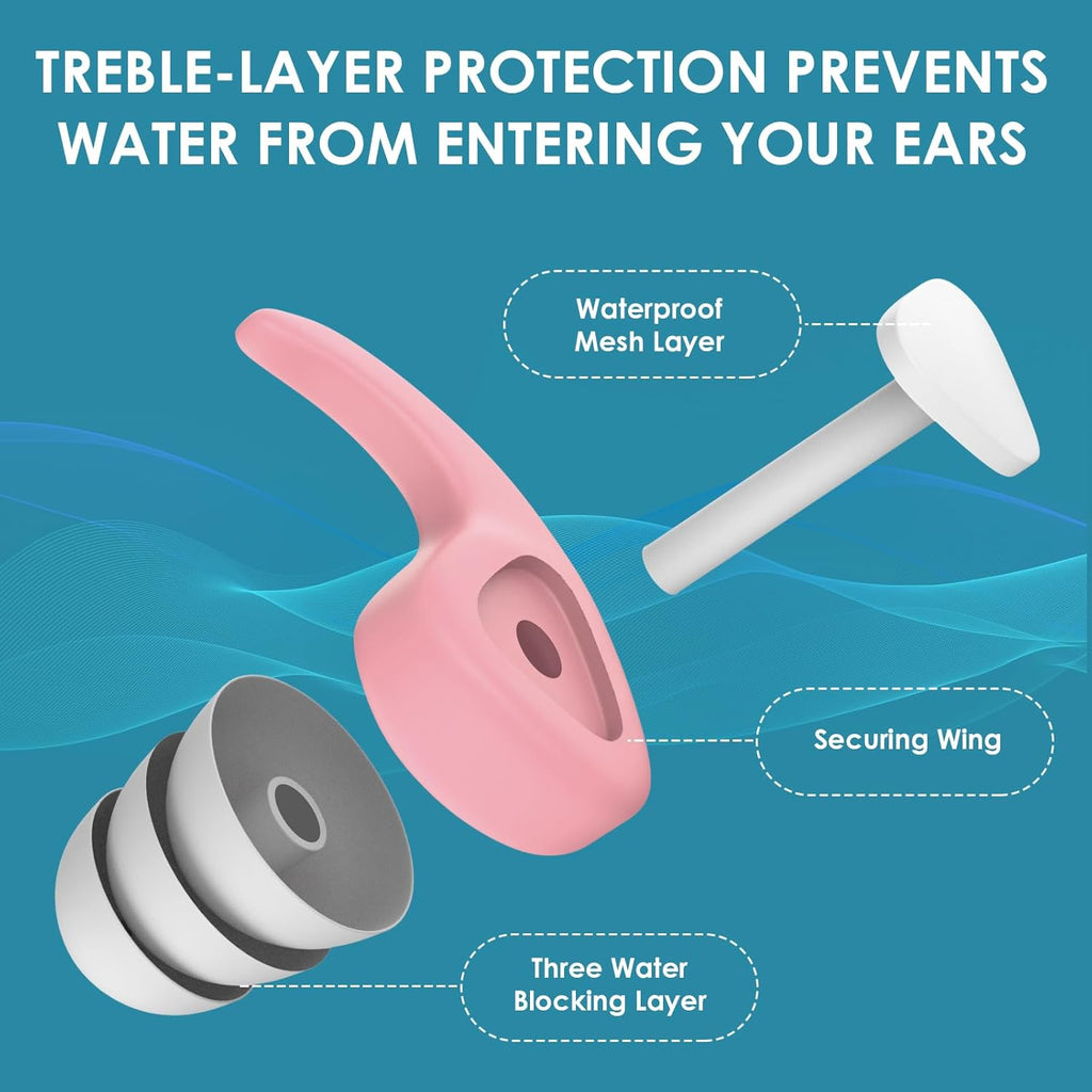 Swimming Ear Plugs, 3 Pairs Waterproof Reusable Silicone Swim Ear Plugs for Swimmers Pool Bath Showering Surfing Kayaking (Adults & Teens 14+)