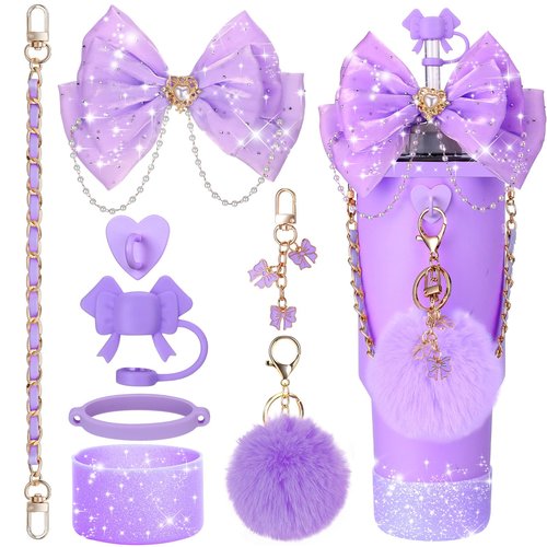 Mity rain Bling Cup Accessories for Stanley Cup 30oz 40oz 20oz Tumbler with Handle, including Bow Straw Topper Cover, Straw Bow Decorate, Leather Water Bottle Handle Strap, Boot (Purple)