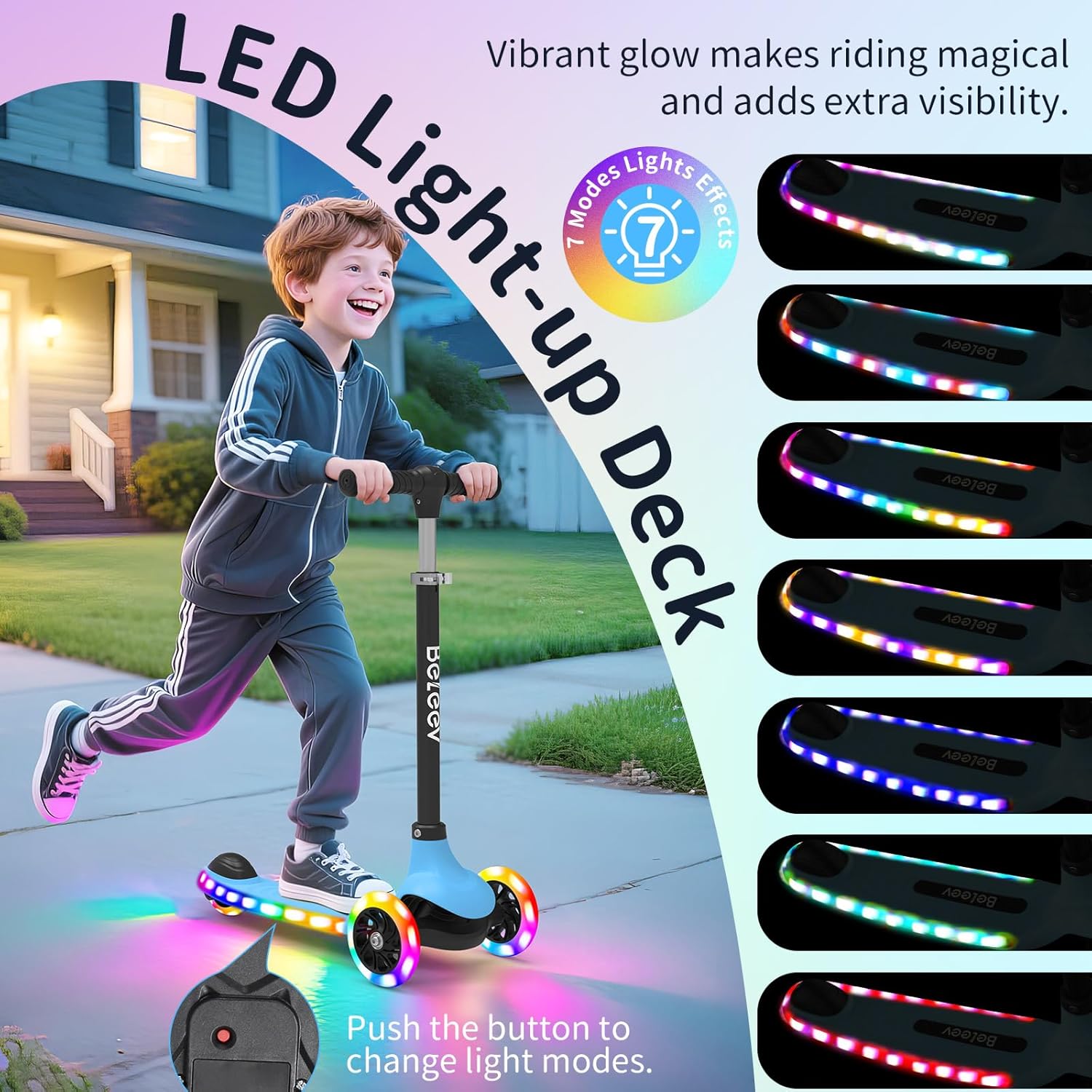 BELEEV A6 Kids Scooter - LED Light-Up Wheels & Deck | Adjustable 3-Wheel Kick Scooter for Ages 3-8