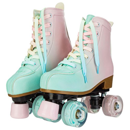 YYW Light Up Roller Skates for Girls and Women - Fantastic Gradient Pink and Green PU Leather, Indoor Outdoor Use for Ages 8-12 (35-US Women 5/ Youth 4)