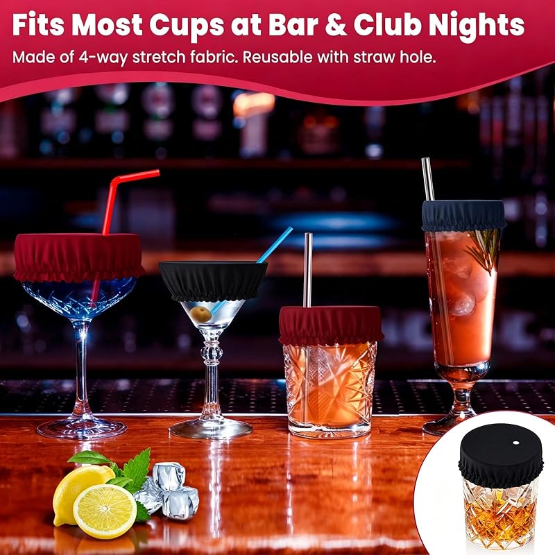 Reusable Scrunchie Drink Covers 12Pcs with Straw Hole – Dark Colors (Black, Navy, Dark Red) for Cups & Glasses